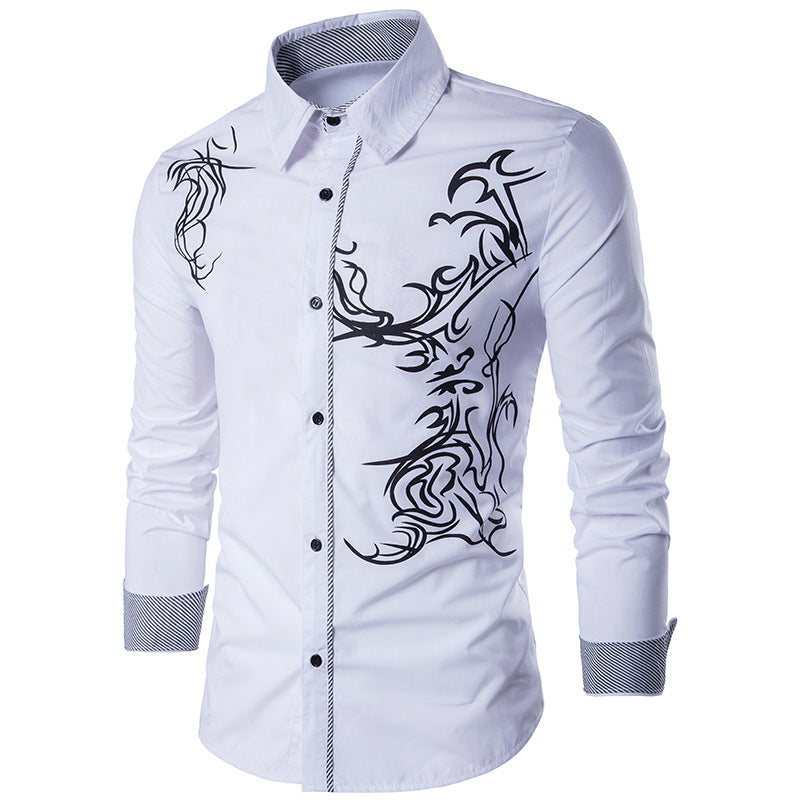 Men's fitted shirt with tribal print, concealed button placket, and contrast collar Mune Fashion