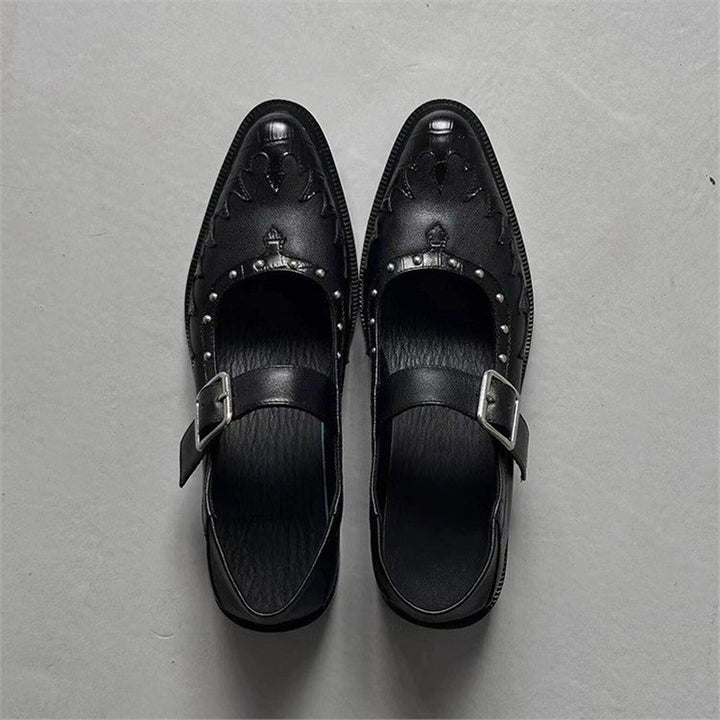 Ladies leather mules with buckle strap, pointed toe shape and studded embellishment Mune Fashion