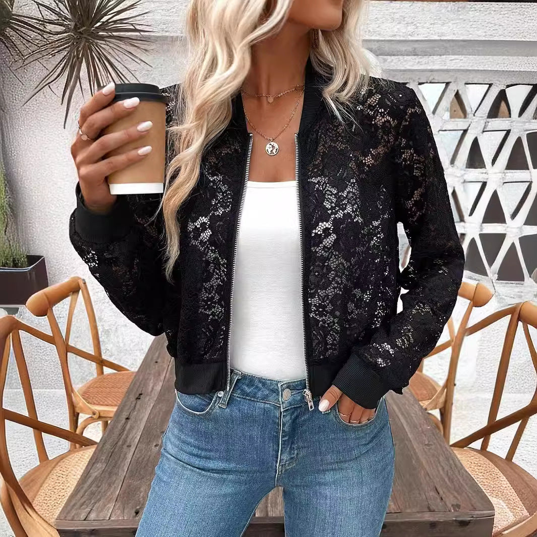 Women's Nan Bomber Jacket with Zip, Ribbed Cuffs and Floral Transparency Mune Fashion