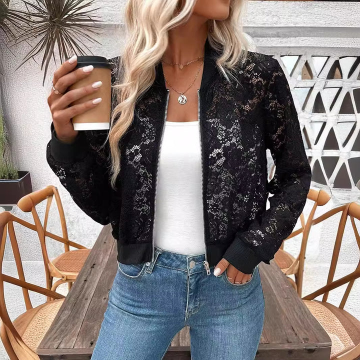 Women's Nan Bomber Jacket with Zip, Ribbed Cuffs and Floral Transparency Mune Fashion