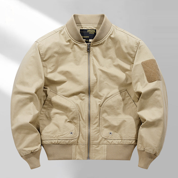 Men's short-cut lightweight bomber jacket with tactical sleeve patch and durable function shell Mune Fashion