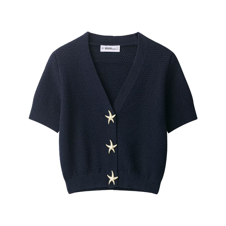 Women's Short-Sleeved Textured Knit Cardigan with V-Neck and Starfish Buttons Mune Fashion