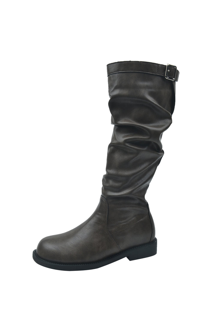 Women's suede knee-high boots with gathered shaft and adjustable buckle tab Mune Fashion