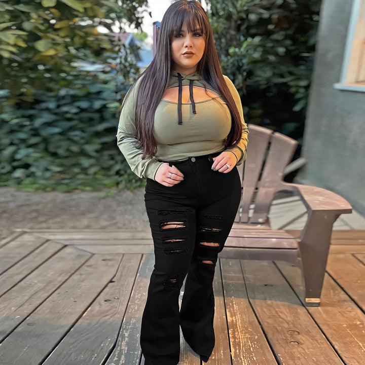 Women High-Waisted Destroyed Flared Jeans with Raw Hem and Fringe Details Mune Fashion