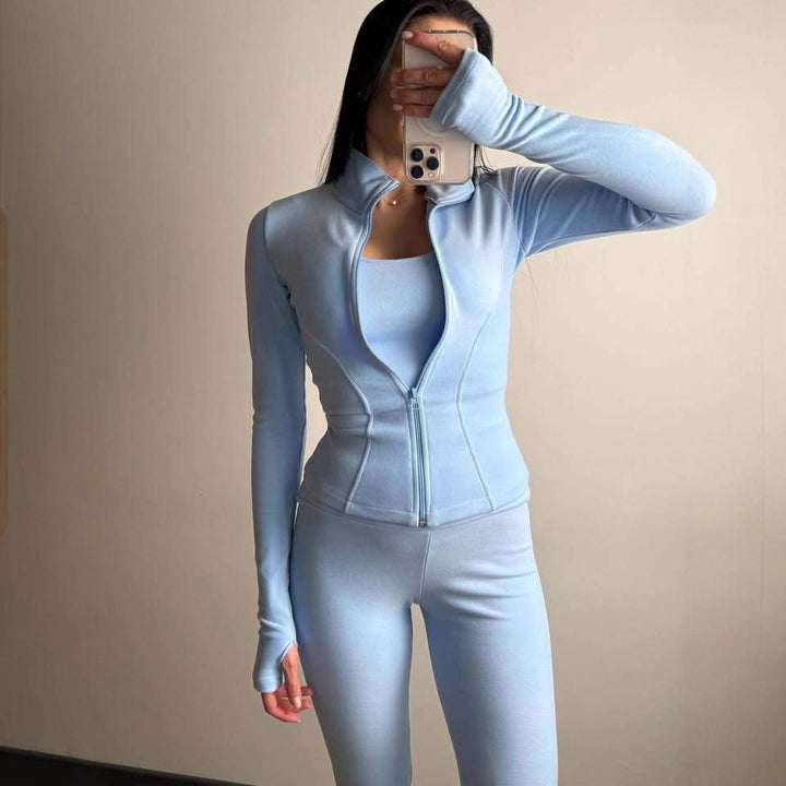 Women's Fitted Leisure Set with Zip Jacket and High-Waisted Stretch Leggings with Thumbholes Mune Fashion