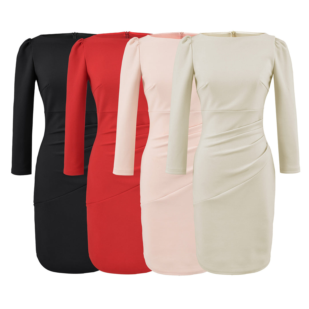 Women Figure-hugging Midi Dress with Gathered Wrap Look and Long Sleeves Mune Fashion