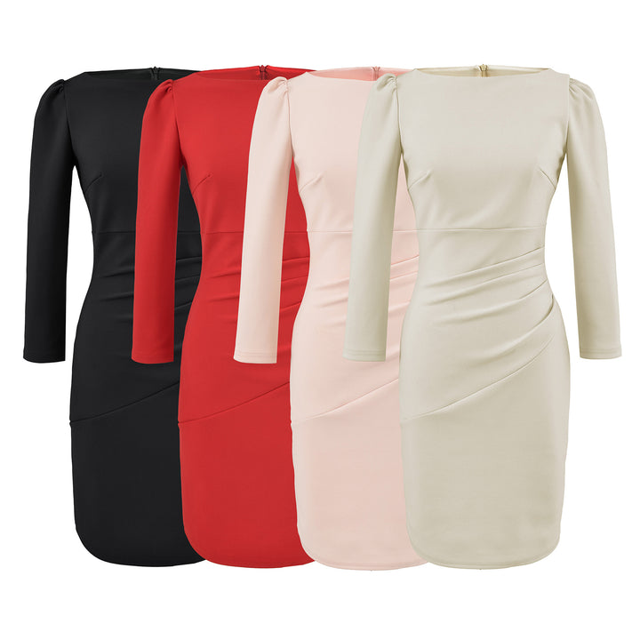 Women Figure-hugging Midi Dress with Gathered Wrap Look and Long Sleeves Mune Fashion