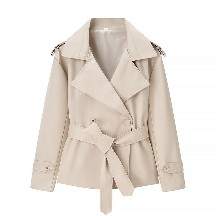 Women Tailored Short Trench Coat with Tie Belt and Epaulettes Mune Fashion