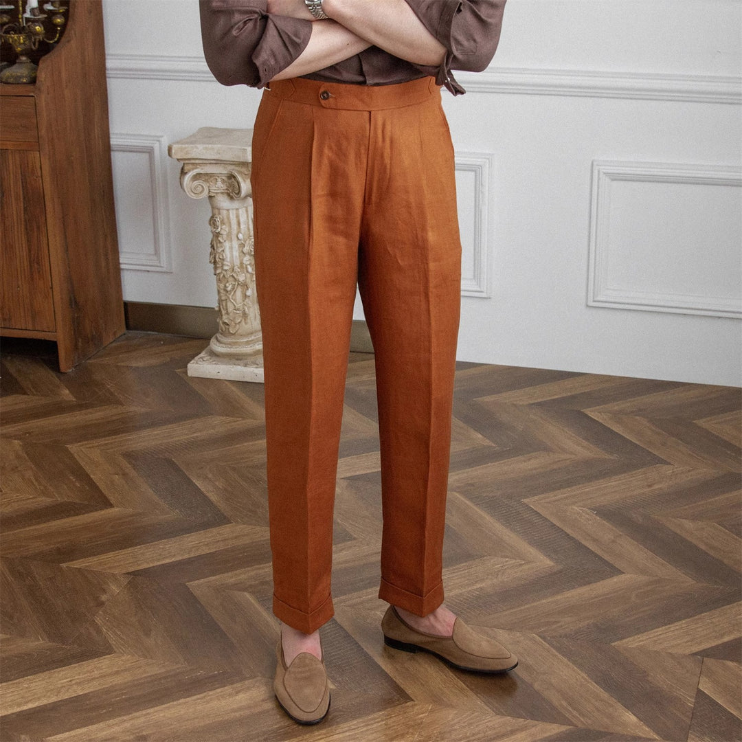 Men's linen pants with high waist, pleats and adjustable side tab Mune Fashion
