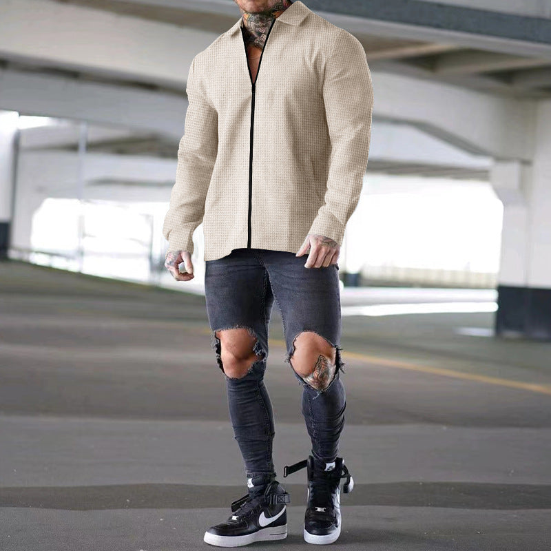 Men's structured zip shirt jacket made of waffle knit with Kent collar and slim silhouette Mune Fashion