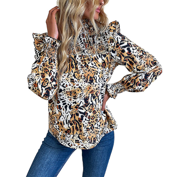Women's Smocked Blouse with High Collar, Gathered Shoulder Yoke and Animal Print Mune Fashion