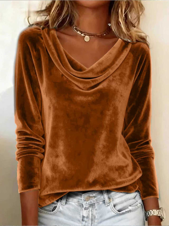 Women Velvet Long Sleeve with Waterfall Collar and Casual Cut Mune Fashion