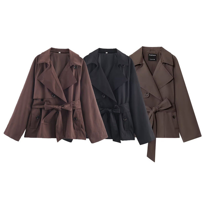 Ladies Cropped Trench Coat with Shawl Collar, Tie Belt and Flap Pockets Mune Fashion