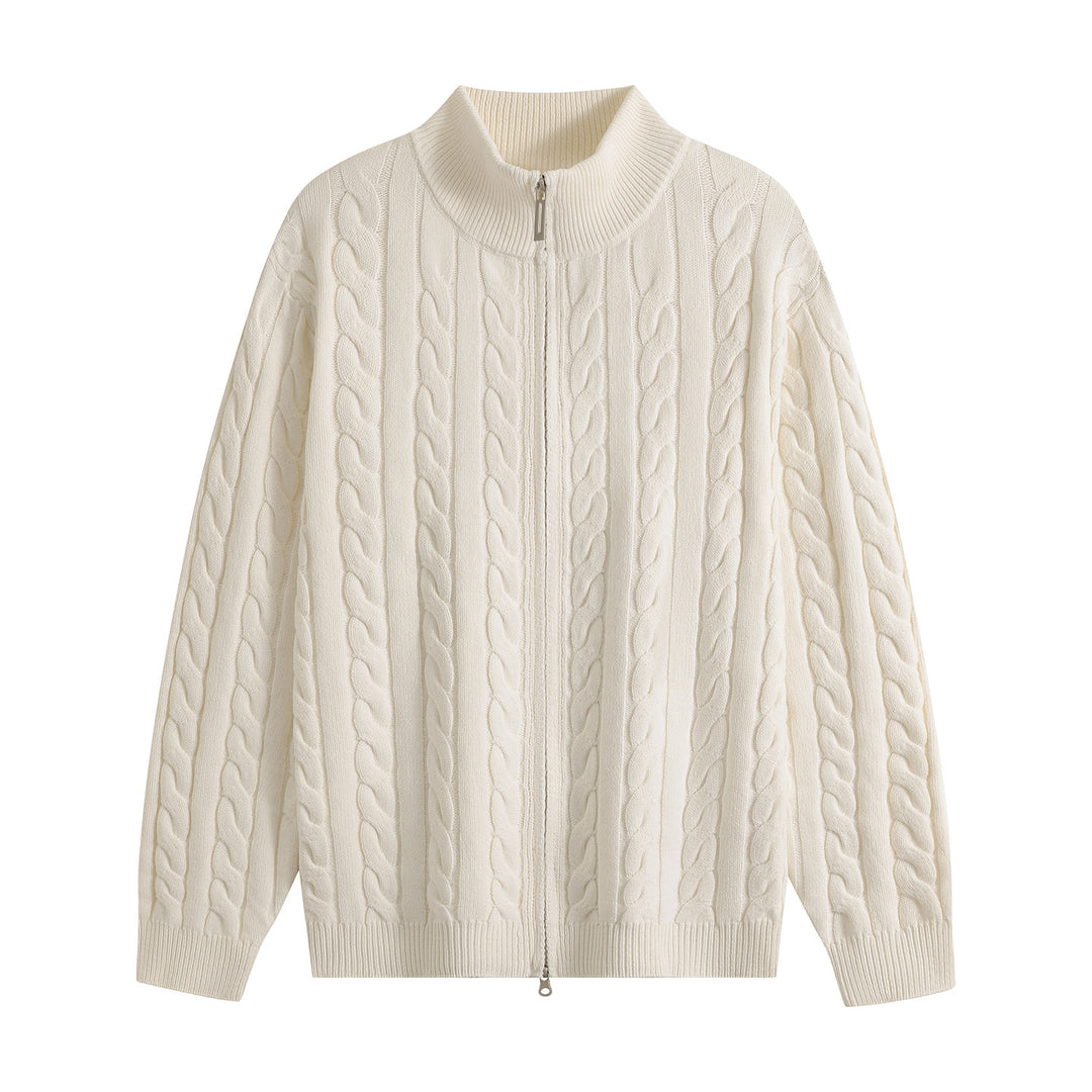 Men's Chunky Knit Zip-Up Cardigan with Cable Pattern, Stand-Up Collar and Oversized Cut Mune Fashion