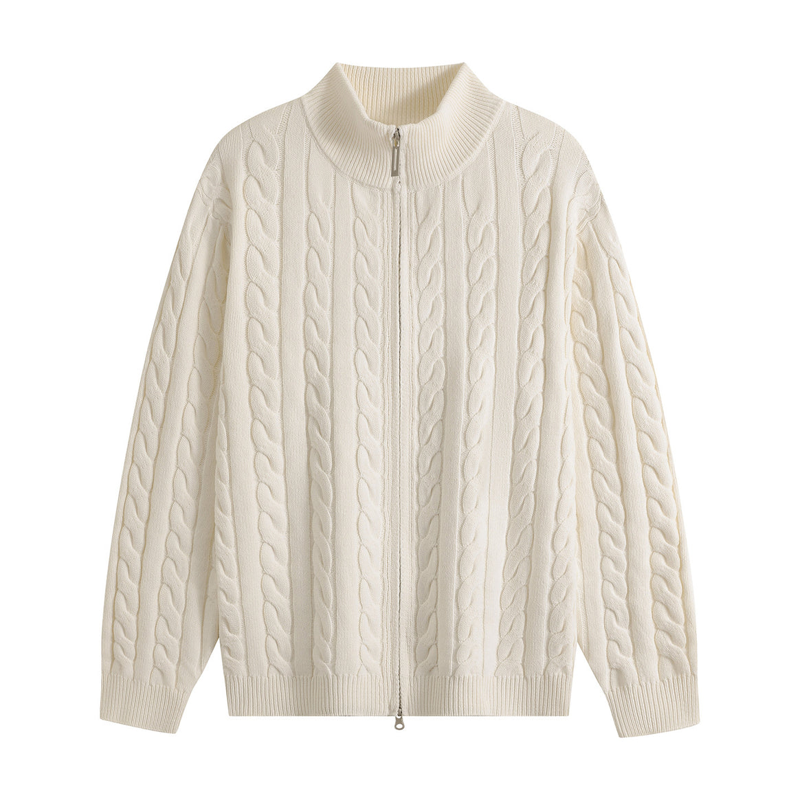 Men's Chunky Knit Zip-Up Cardigan with Cable Pattern, Stand-Up Collar and Oversized Cut Mune Fashion
