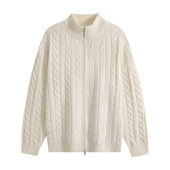 Men's Chunky Knit Zip-Up Cardigan with Cable Pattern, Stand-Up Collar and Oversized Cut Mune Fashion