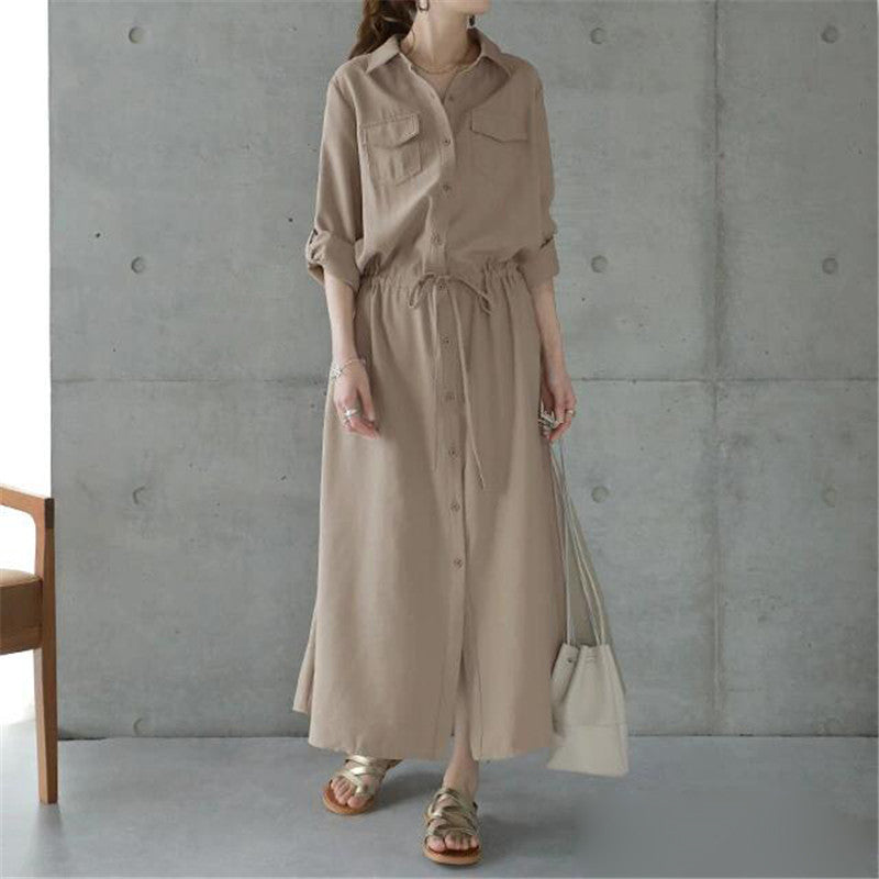 Ladies long shirt dress with drawstring waist and patch chest pockets Mune Fashion