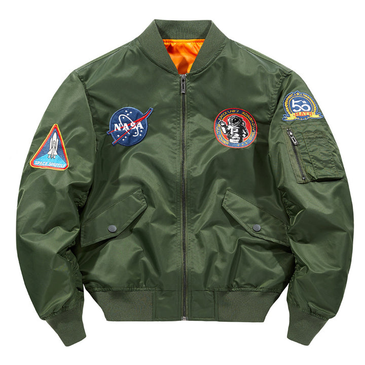 Men's  nylon flight-style bomber with embroidered space patches and contrast orange lining Mune Fashion