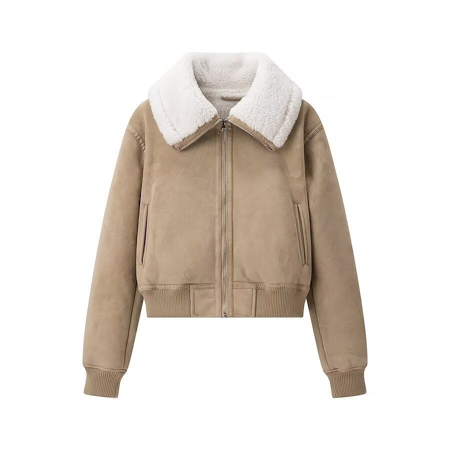 Ladies bomber jacket made of suede imitation with teddy lining and large shawl collar Mune Fashion