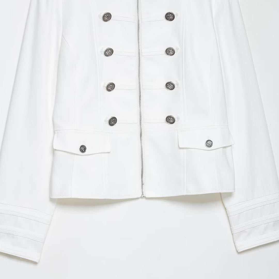 Women's Short Jacket in Officer Style with Stand Collar and Decorative Button Rows Mune Fashion