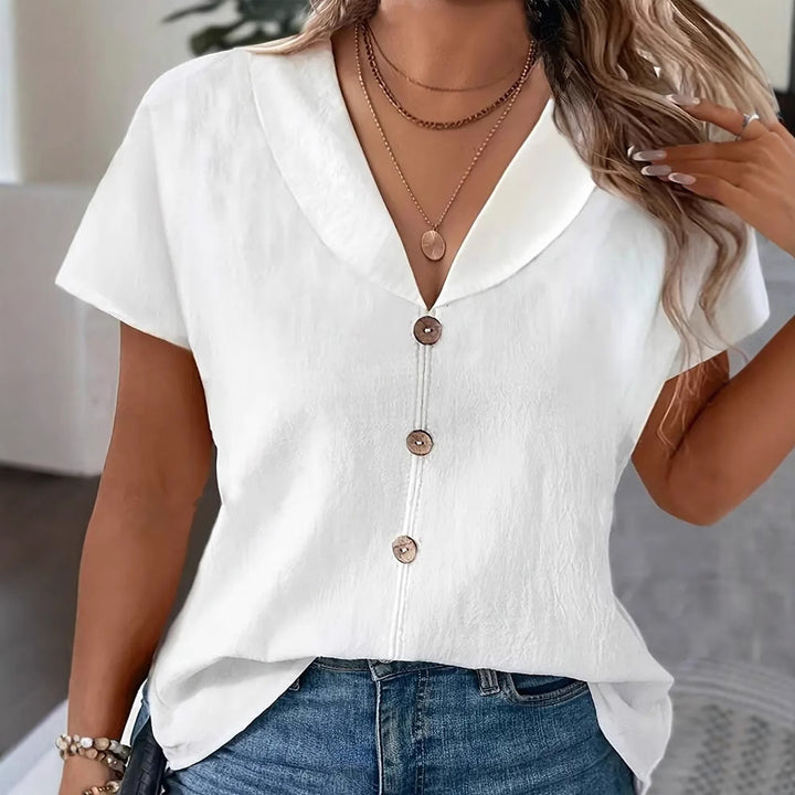 Women's airy linen-look blouse with broad shawl collar and decorative button placket Mune Fashion