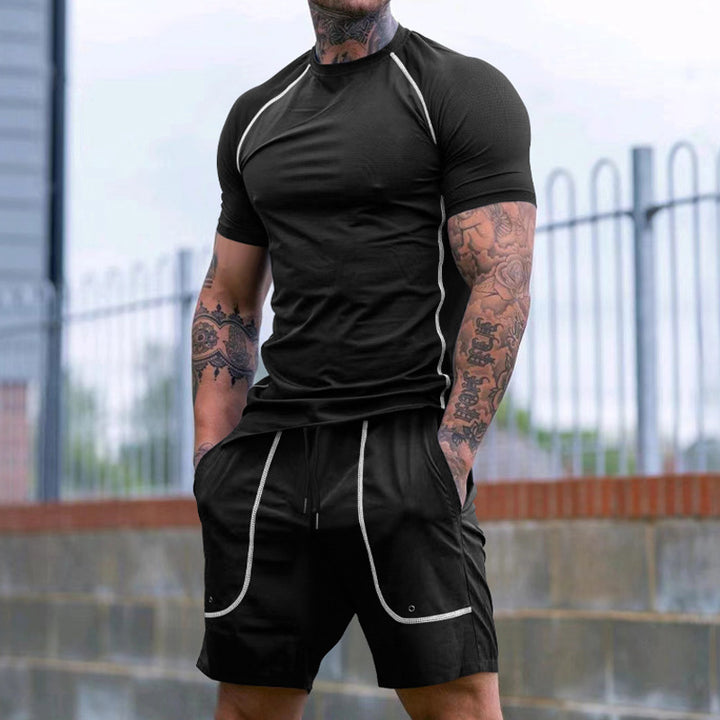 Men's Raglan-Fit Short Sleeve Shirt and Drawstring Shorts Set made of breathable stretch jersey with contrast stitching Mune Fashion