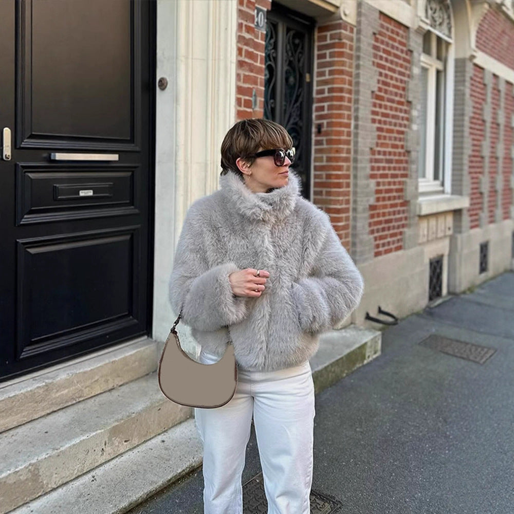Women Short Boxy Jacket made of high-pile faux fur with high shawl collar Mune Fashion