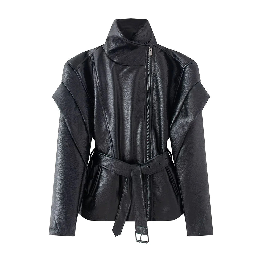 Women's fitted faux leather jacket with asymmetric zipper, high stand-up collar, and tie belt Mune Fashion