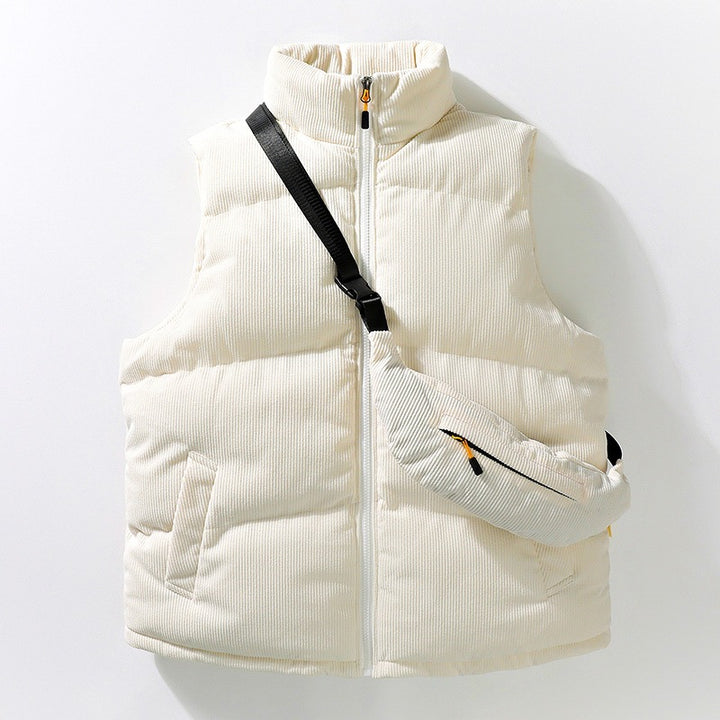 Men's Quilted Cord Sleeveless Thermal Vest with Stand Collar and Integrated Crossbody Bag Mune Fashion