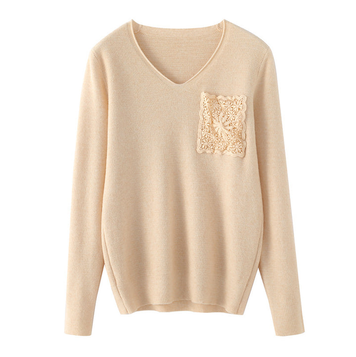 Women's Cashmere-Look V-Neck Sweater with Floral Crochet Appliqué Mune Fashion