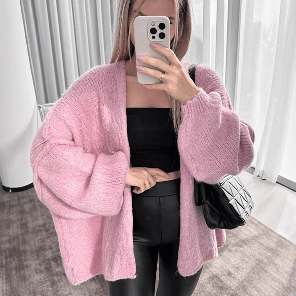 Women's Oversize Knit Cardigan with Voluminous Balloon Sleeves and Teddy-like Texture Mune Fashion