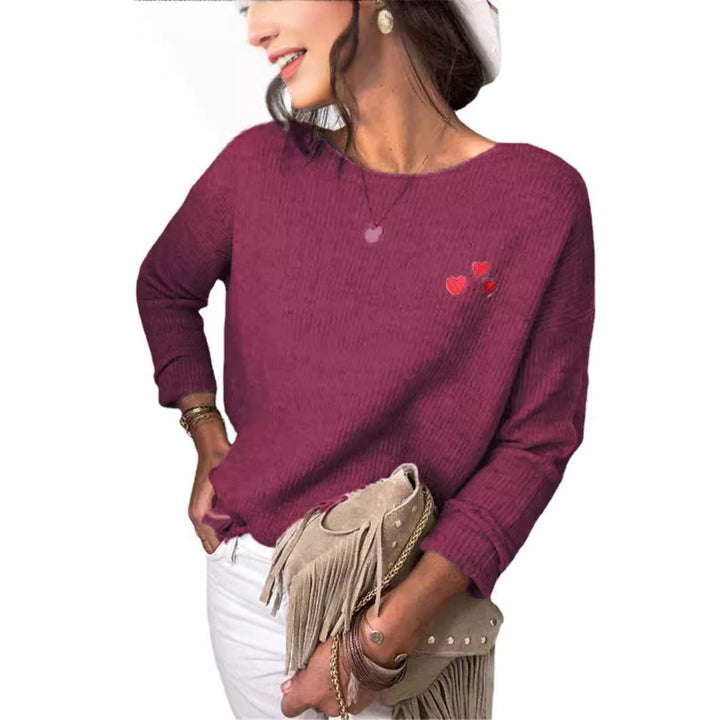 Ladies Oversize Knit Sweater with Heart Embroidery and Wide Boat Neck Drune