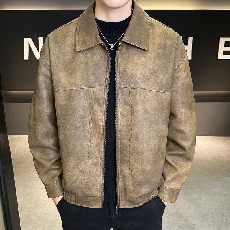 Men's Oversized Velour-Look Transitional Blouson with Shirt Collar, Zipper & Elastic Hem