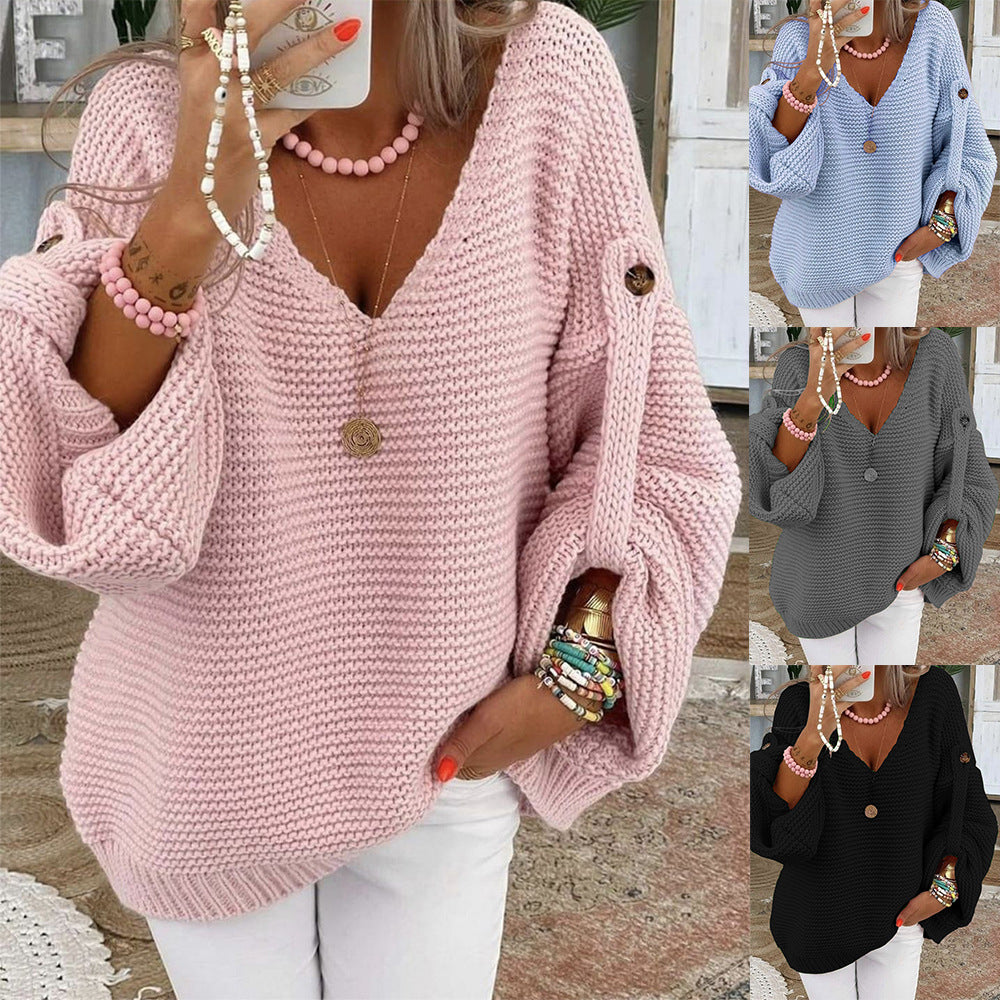 Women loose knit sweater with V-neck, balloon sleeves and button detail Mune Fashion