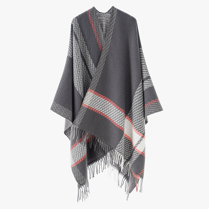 Women's Oversize Cape Poncho made of Wool Blend with Checkered Pattern and Fringe Hem Mune Fashion