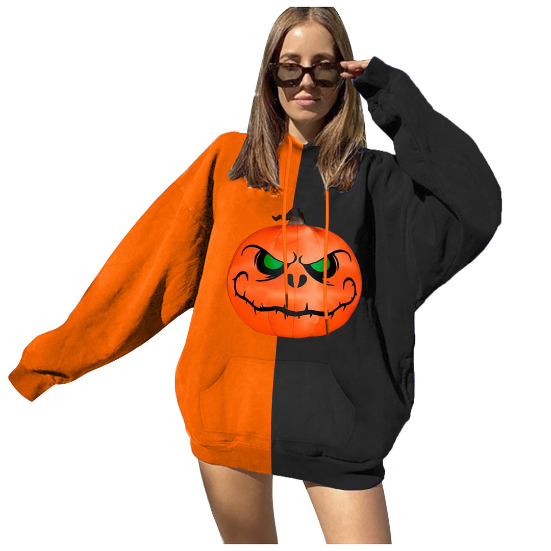 Women's Oversized Hoodie with Halloween Pumpkin Print and Kangaroo Pocket Mune Fashion