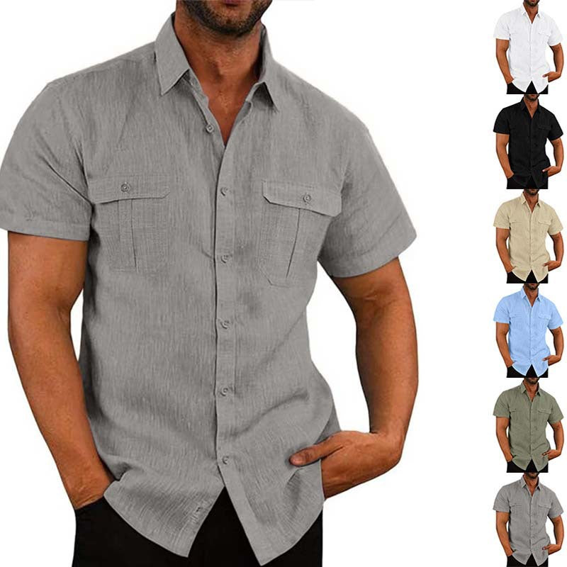 Men's structured short sleeve shirt in linen gauze look with flap pockets and rounded hem Mune Fashion