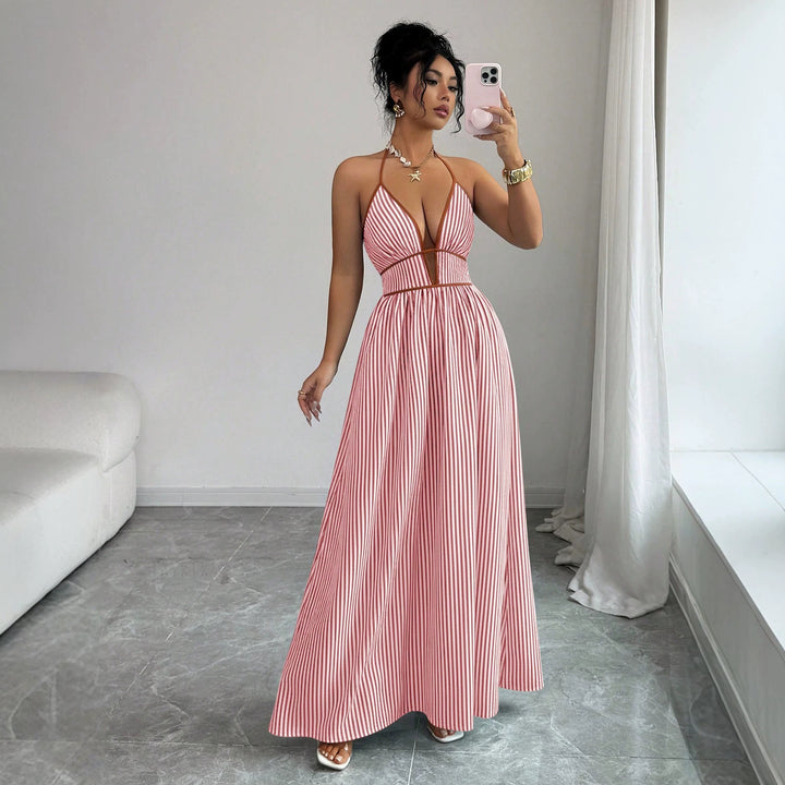 Women's Striped Halter Maxi Dress with Deep V-Neck and Waist Cut-Out Mune Fashion