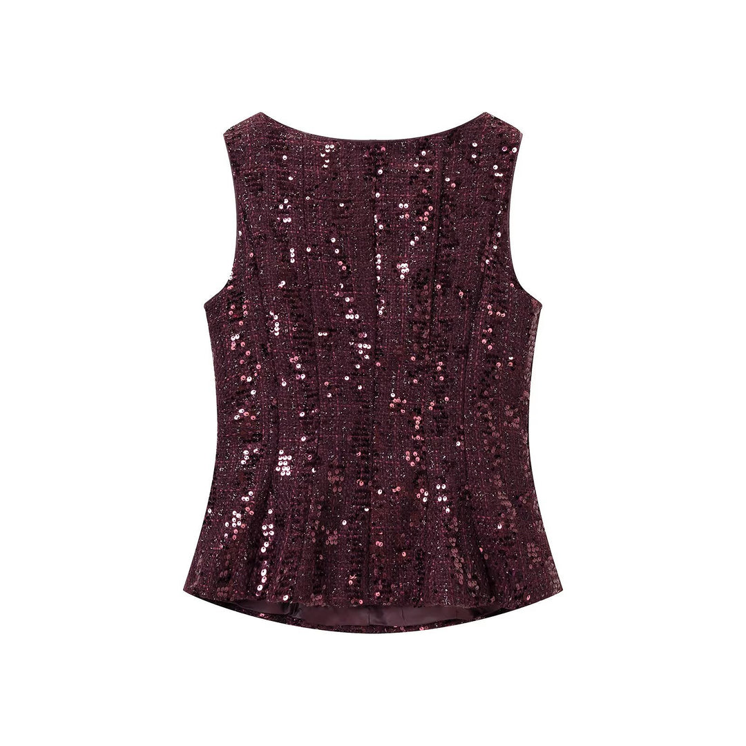 Women's Sequined Peplum Top with Round Neck and Figure-Flattering Waist Mune Fashion