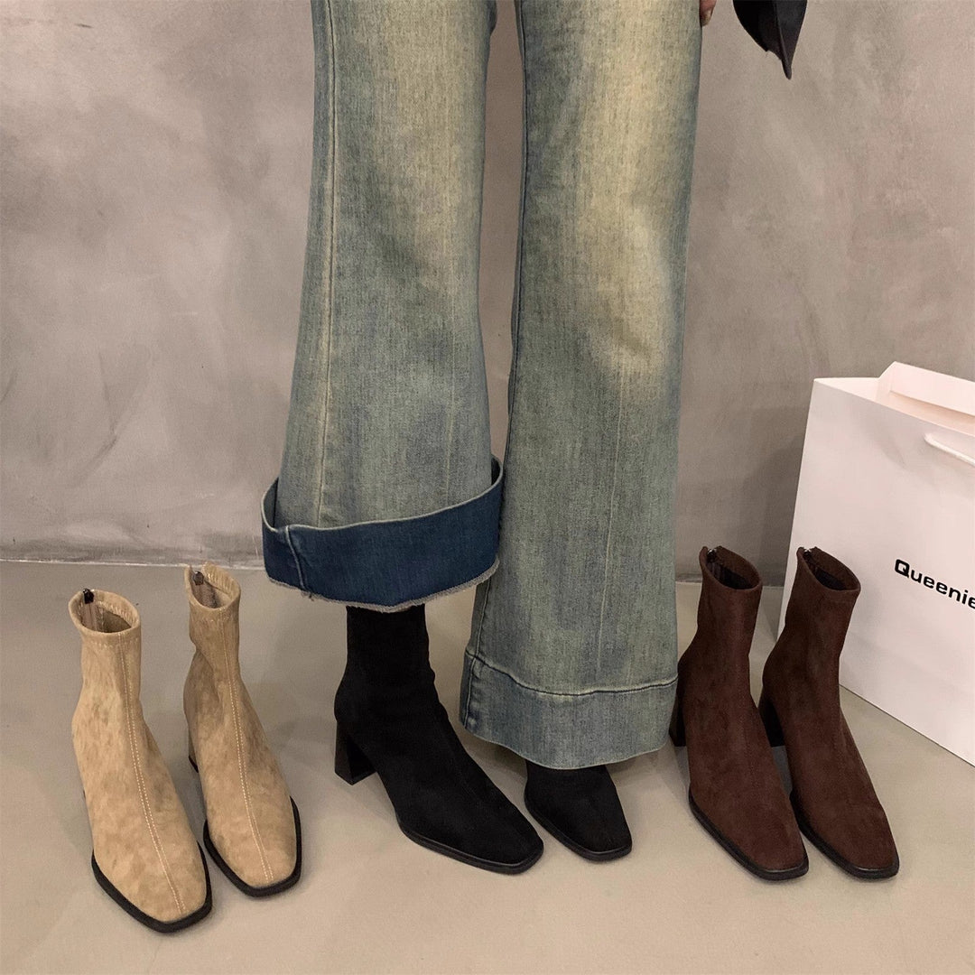 Femme Stylish Suede Ankle Boots with Block Heels Mune