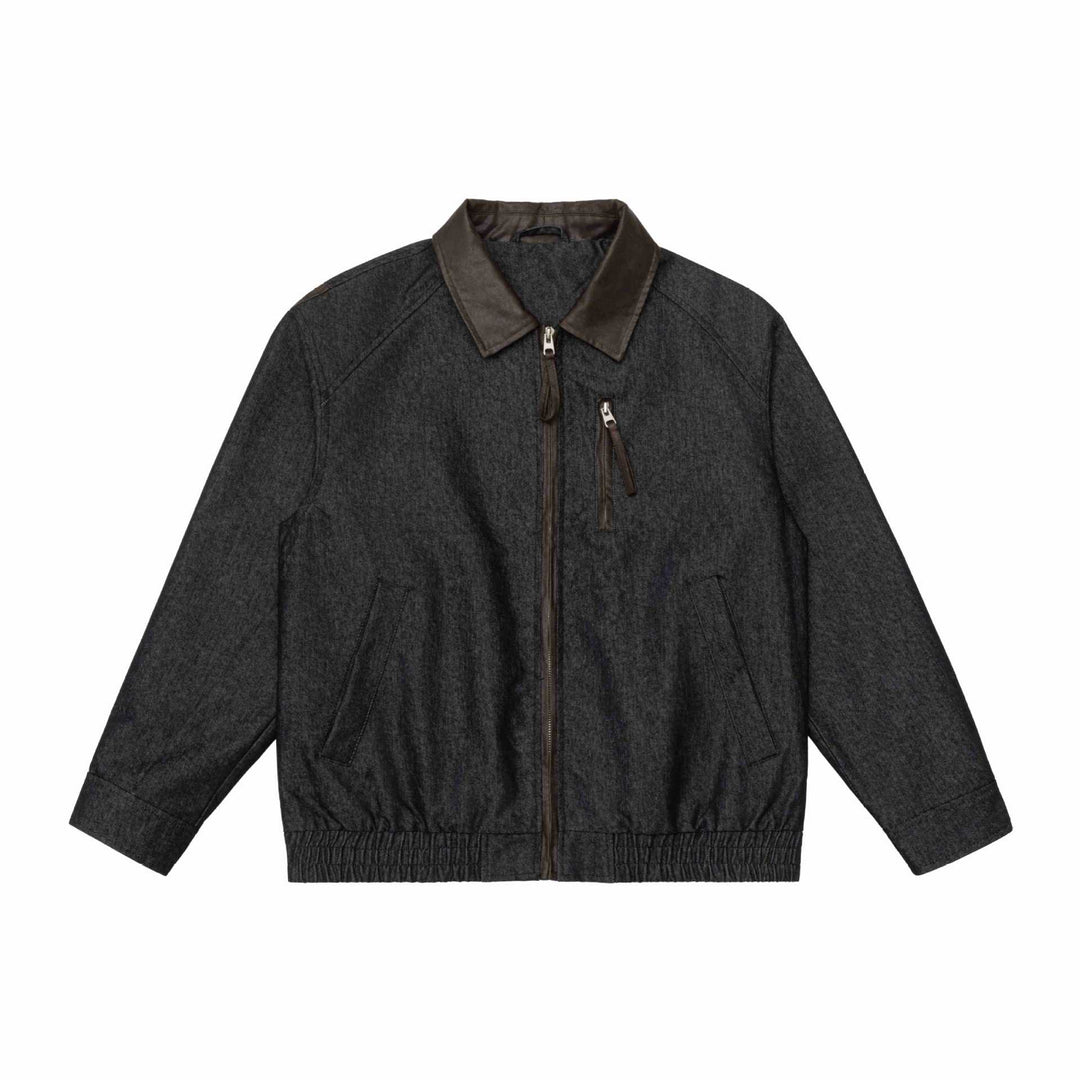 Men's short jacket in boxy cut made of wool-denim mix with leather-trimmed collar and vertical zippered chest pocket Mune Fashion