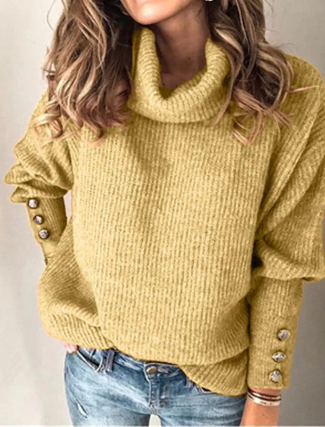 Women Oversize Roll Neck Sweater with Textured Knit and Decorative Buttons Mune Fashion