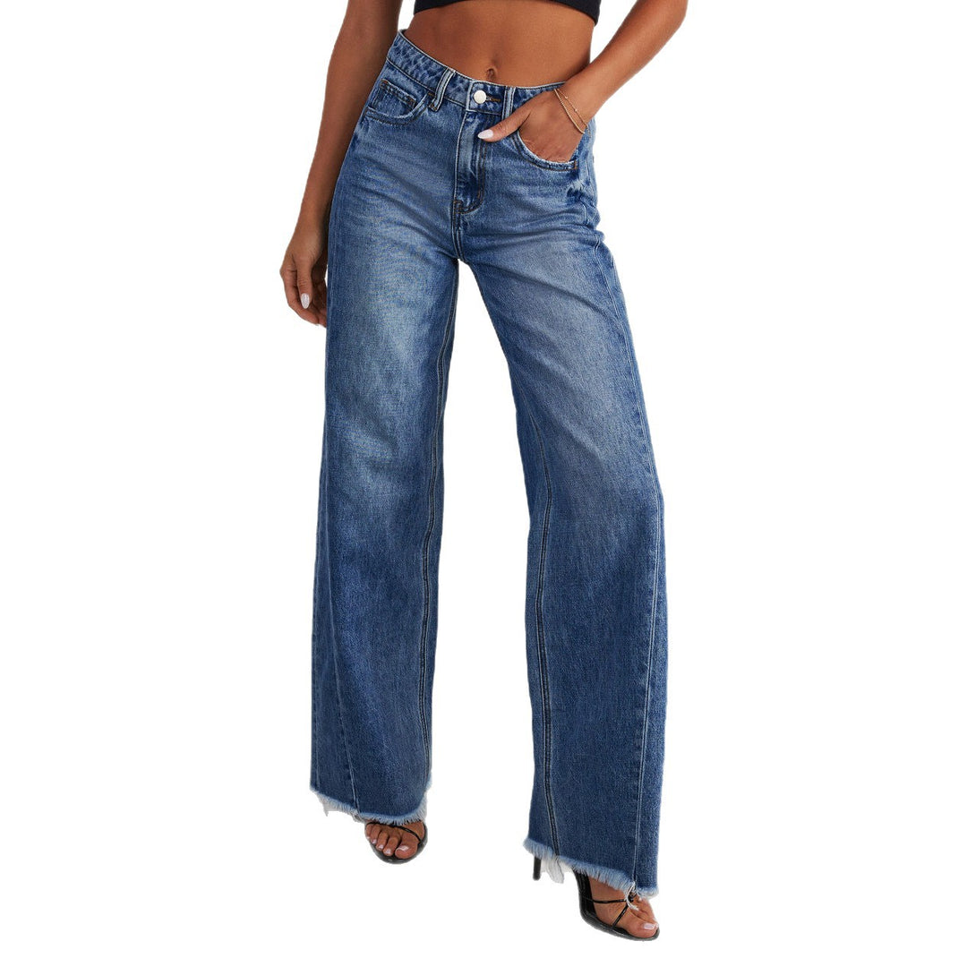 Women's high-waisted wide-leg jeans with raw fringe hem and straight leg Mune Fashion