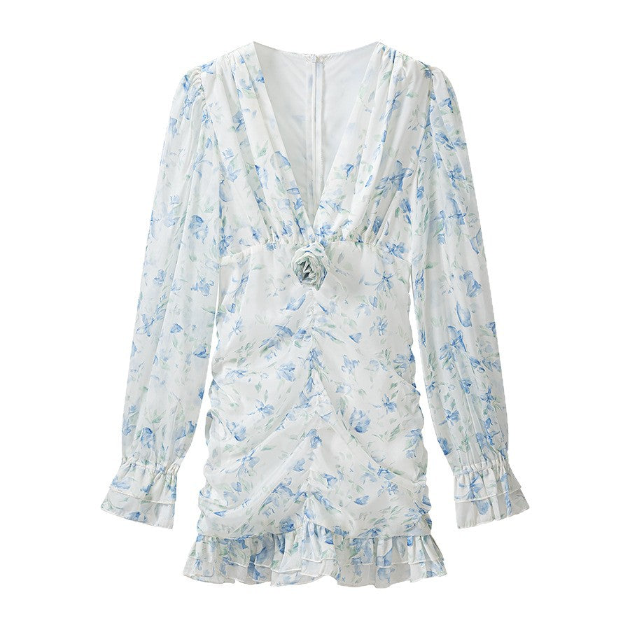 Women's wrap mini dress with deep V-neck, ruffled edge and ruched waist Mune Fashion