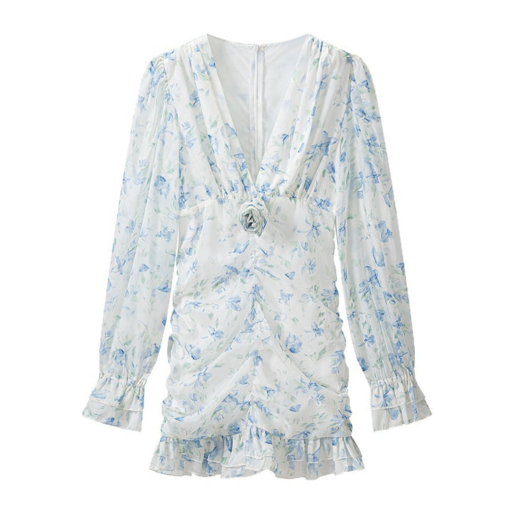 Women's wrap mini dress with deep V-neck, ruffled edge and ruched waist Mune Fashion