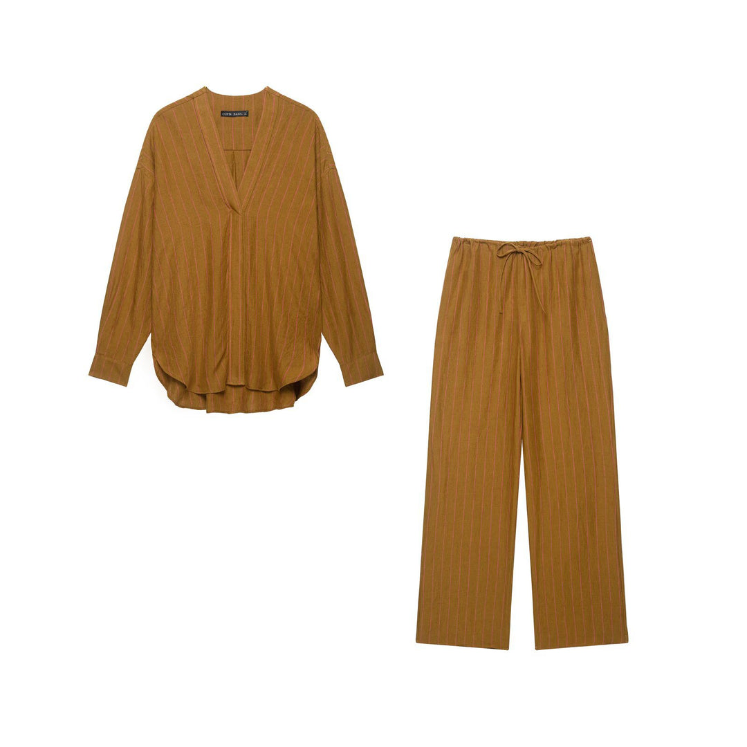 Women's Oversize Striped Blouse with Deep V-Neck and Rounded Hem Drune
