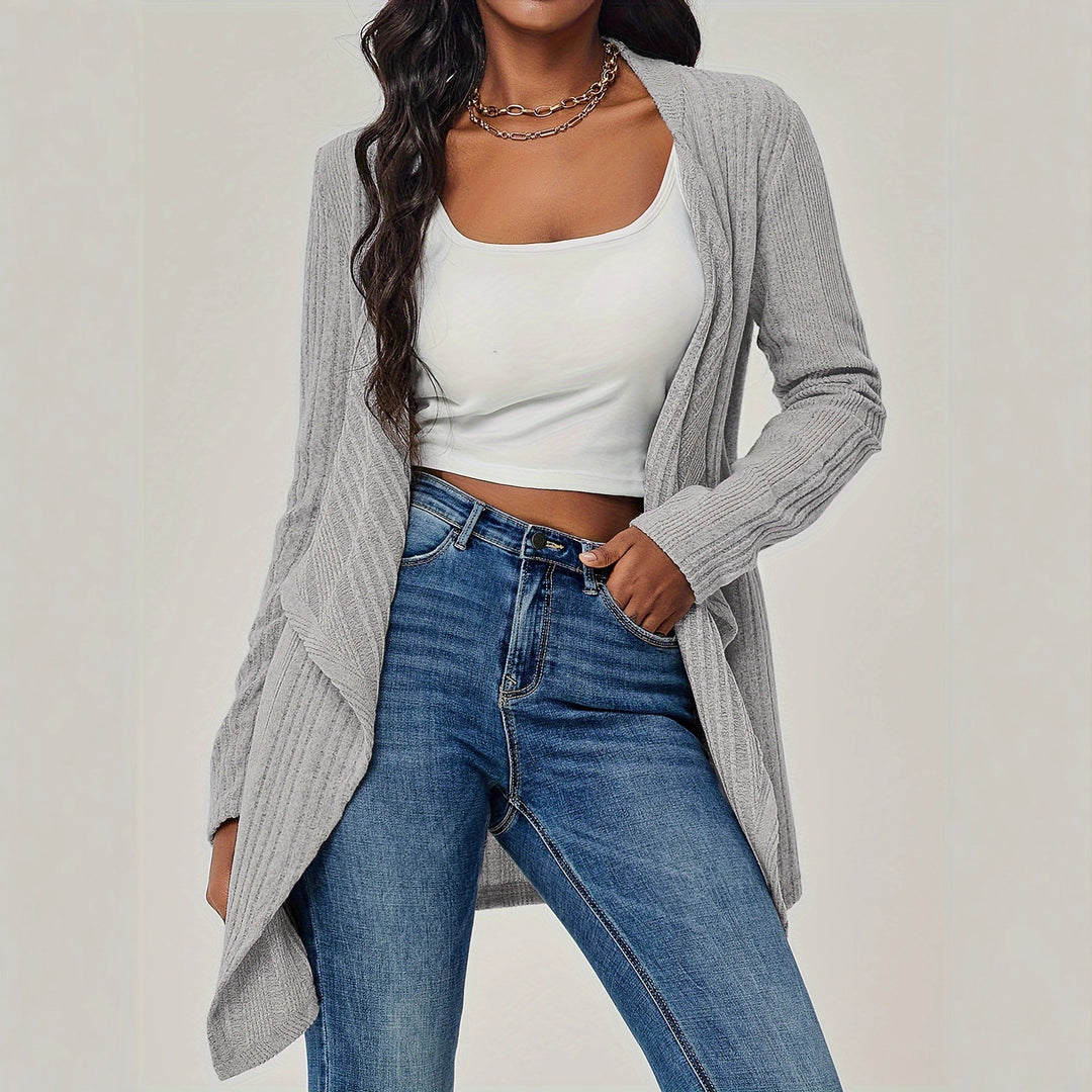 Ladies Open Ribbed Knit Cardigan with Waterfall Collar Mune Fashion