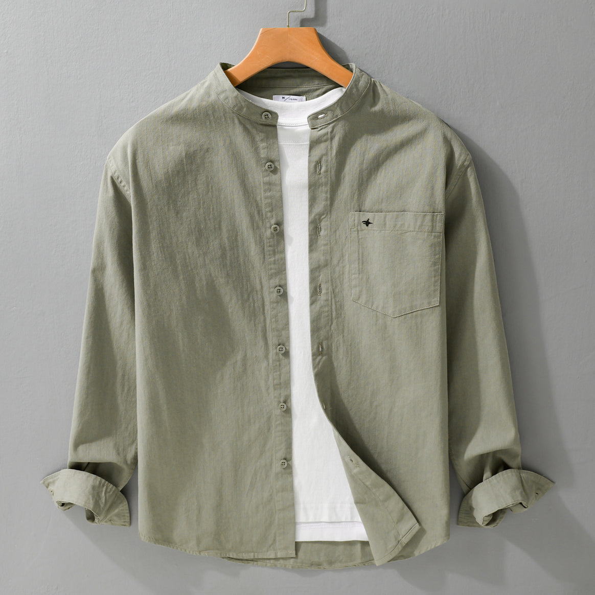 Men's Lightweight Cotton Shirt with Stand Collar, Chest Pocket and Relaxed Fit Mune Fashion
