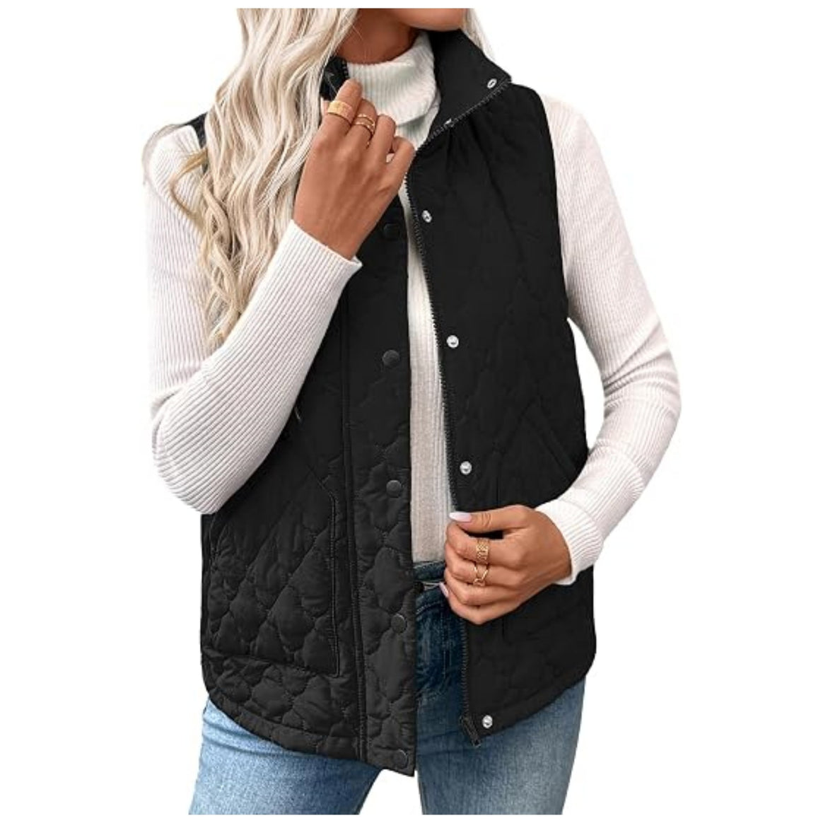 Women’s quilted vest with high standing collar, double closure and curved hem Mune Fashion