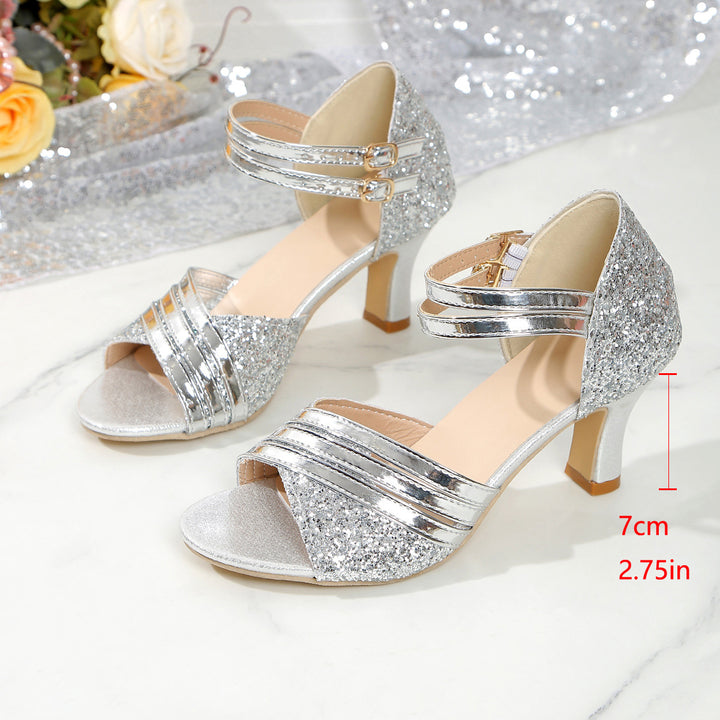 Women’s shimmering evening sandals with fine glitter embellishment, double ankle strap and elegant mid-high heel Mune Fashion